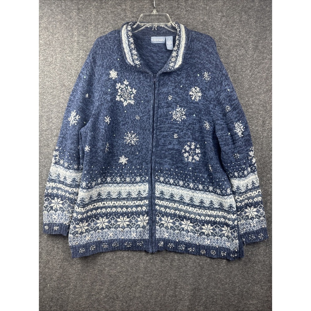 Liz & Me Heirloom Snowflake Sweater 2X Blue Beaded Sequin Zip Cardigan Plus VTG‎